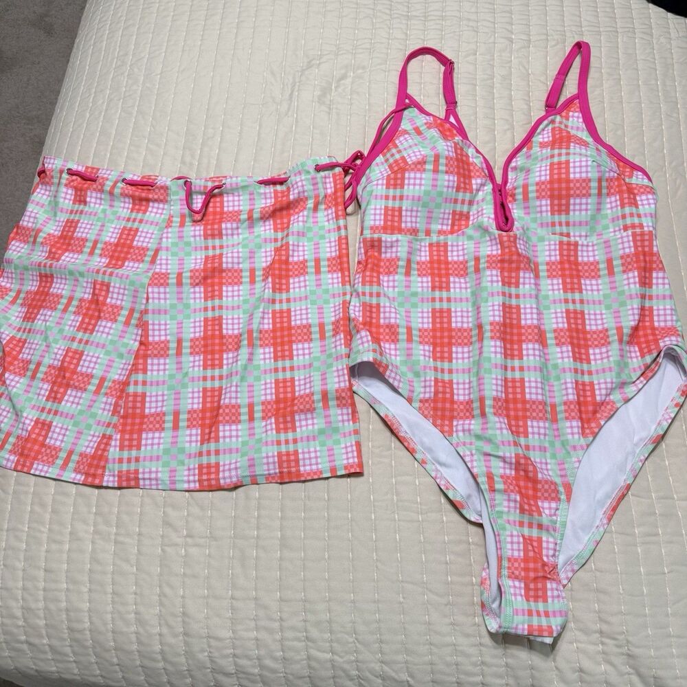 SHEIN Plaid Patterned Women’s One Piece Swimsuit With Matching Coverup Skirt